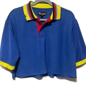 Vintage Cropped Polo Shirt Blue Reworked Short Sleeve Cropped Oversized Top